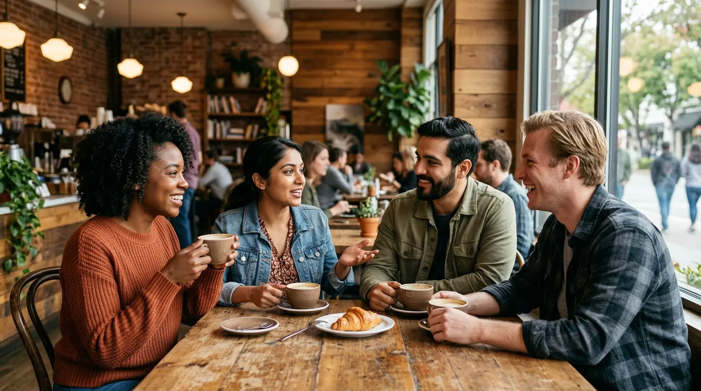 Friends meeting at a Redwood City cafe
