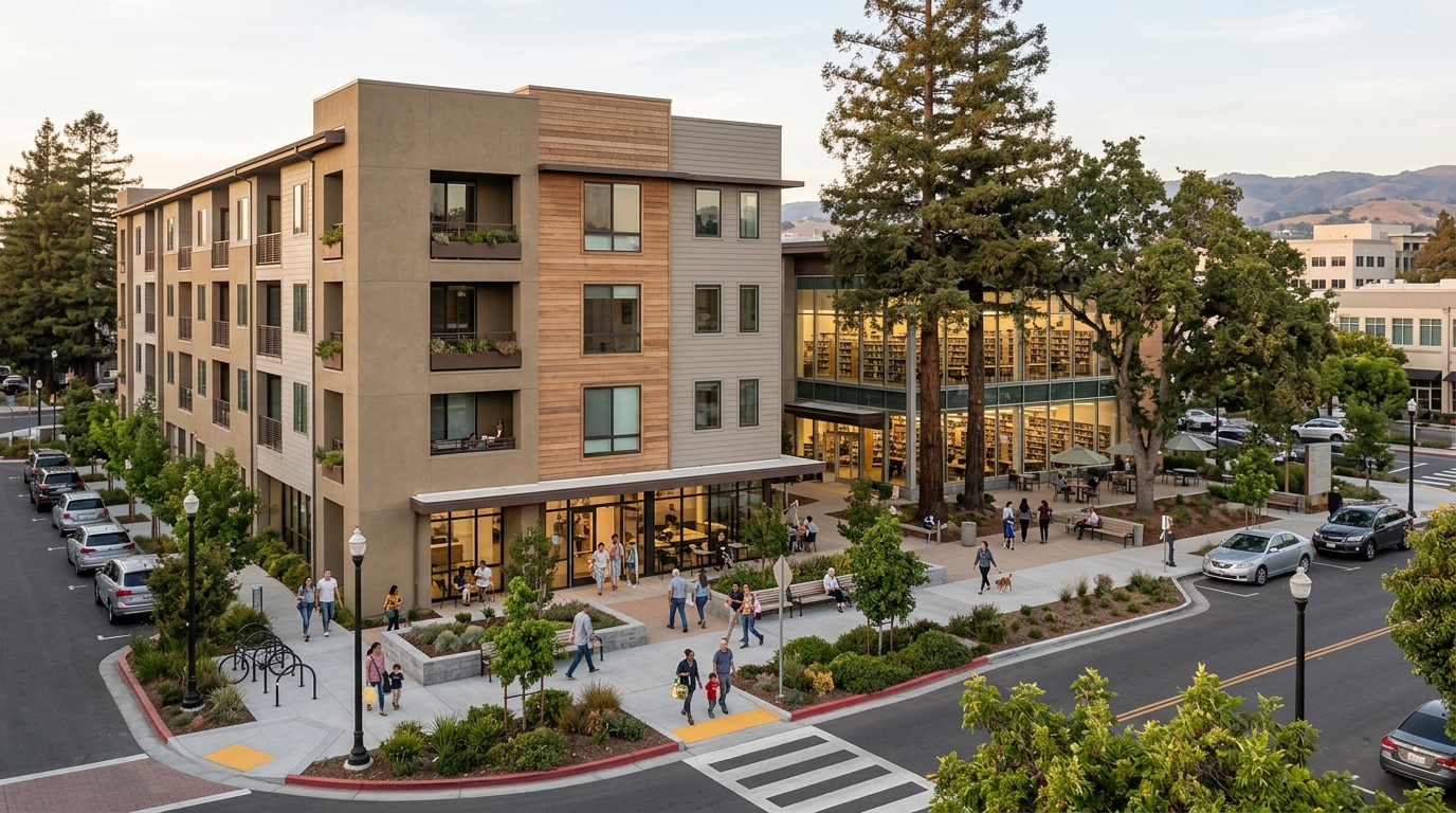 Conceptual affordable housing near the Downtown Redwood City Library and public parking