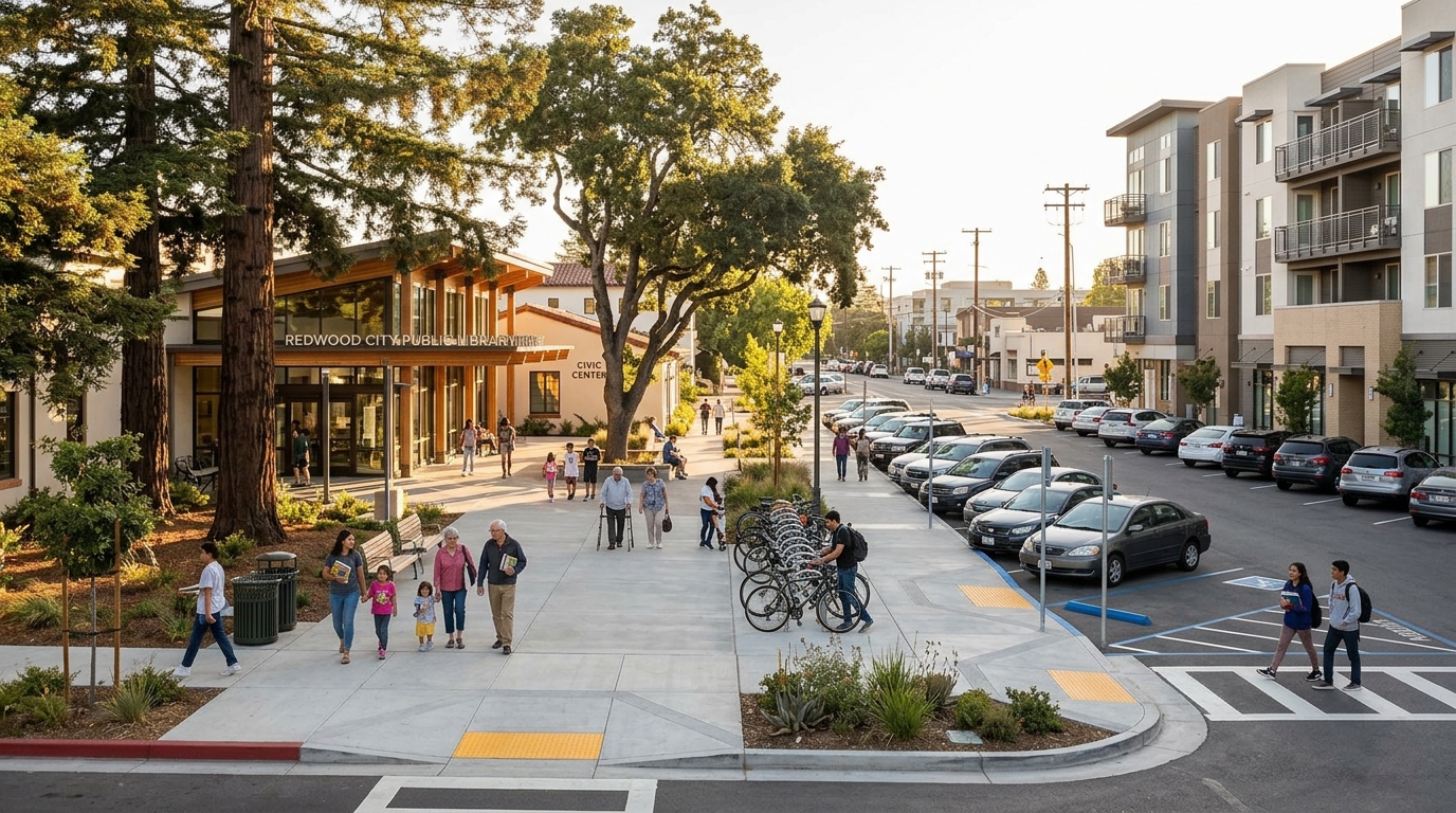 Public parking and pedestrian access near the Downtown Library in Redwood City